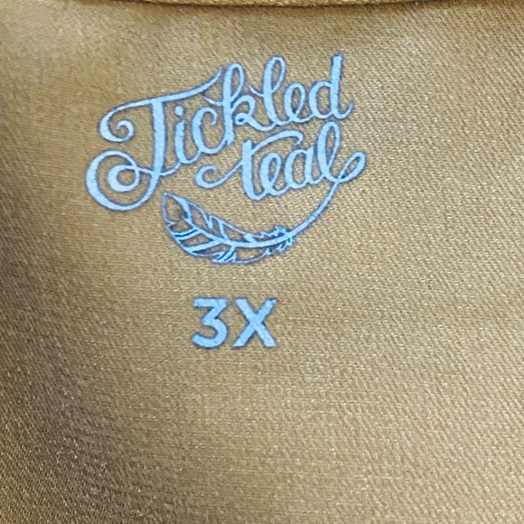 Women’s 3X Blouse Tickled Teal Mustard Short Sleeves U Neck Silky Ruffle Trim - Picture 10 of 12